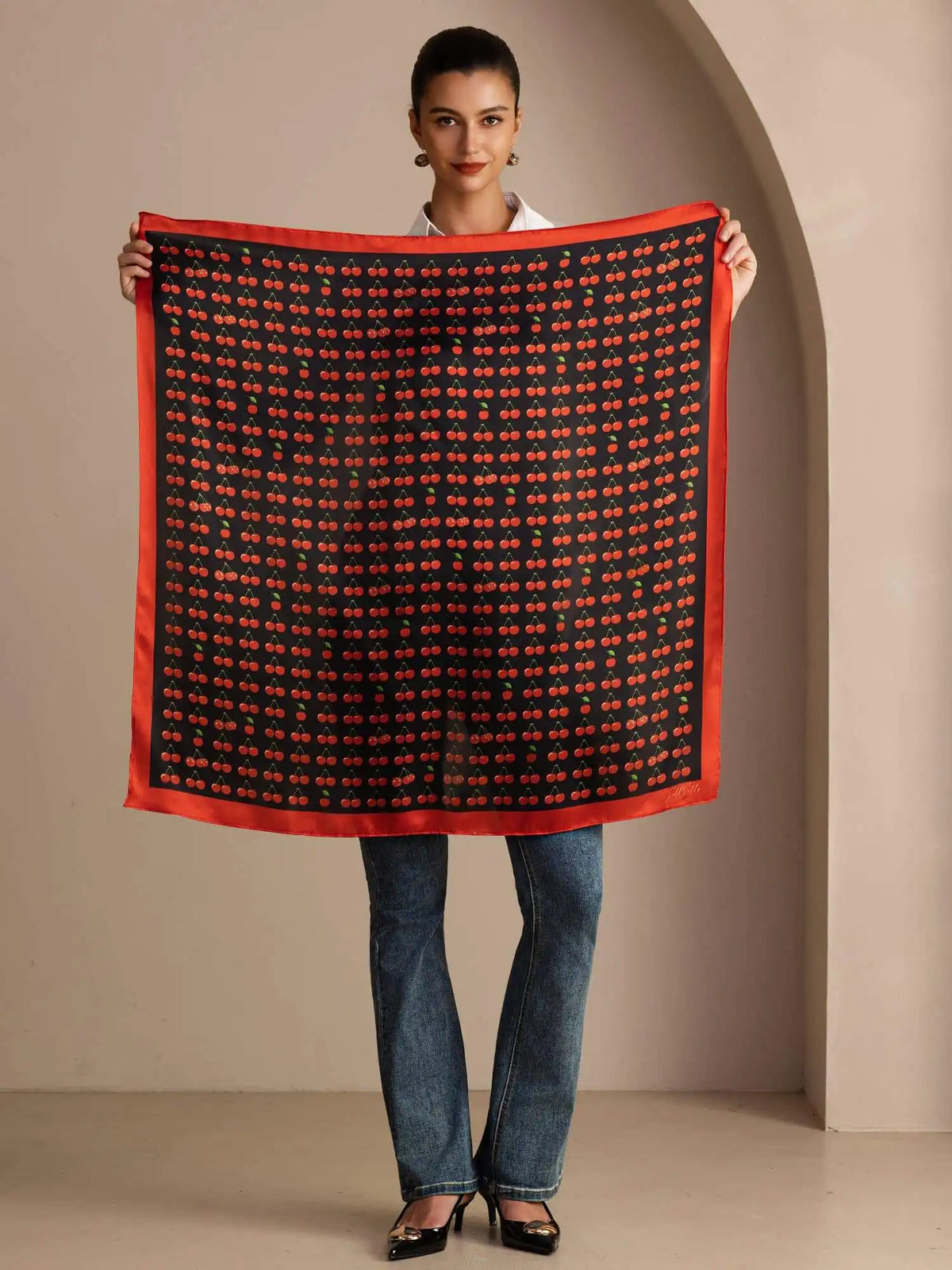 100% Mulberry Silk Cherry Pattern Scarf - Size 90x90cm