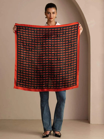 100% Mulberry Silk Cherry Pattern Scarf - Size 90x90cm