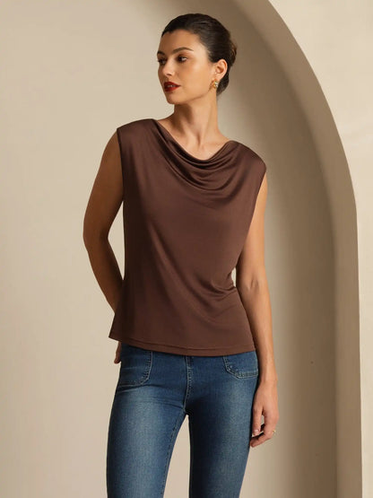 Clearance - Pure Silk  Women's Sleeveless Cowl Neck Basic Casual Top