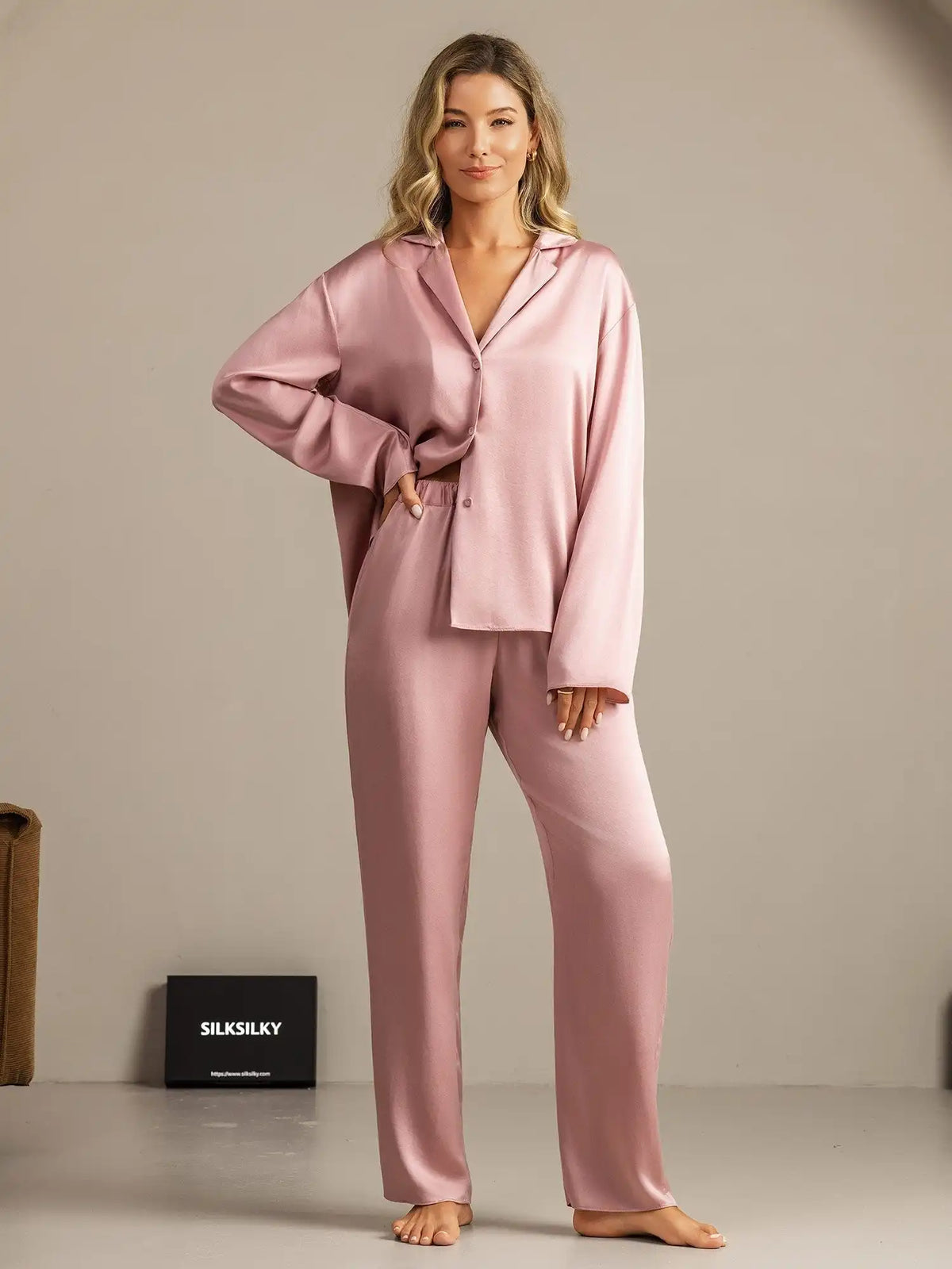Clearance - 19Momme Washable Silk Long Sleeve Notch Collar Women's Pajamas Set