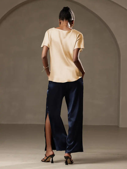 Clearance - 19Momme Silk Short Sleeve Boat Neck Cuffed Sleeve Women's T-Shirt