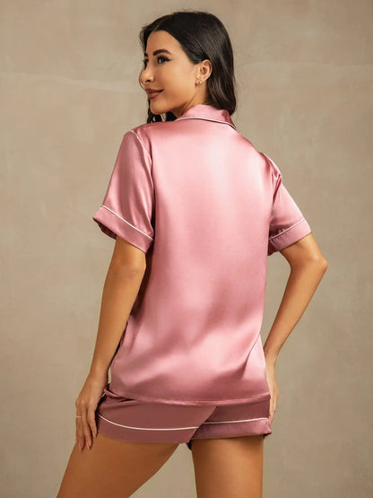 100% Mulberry Silk Short Sleeve Notch Collar Above the Knee Women's Pajamas Set
