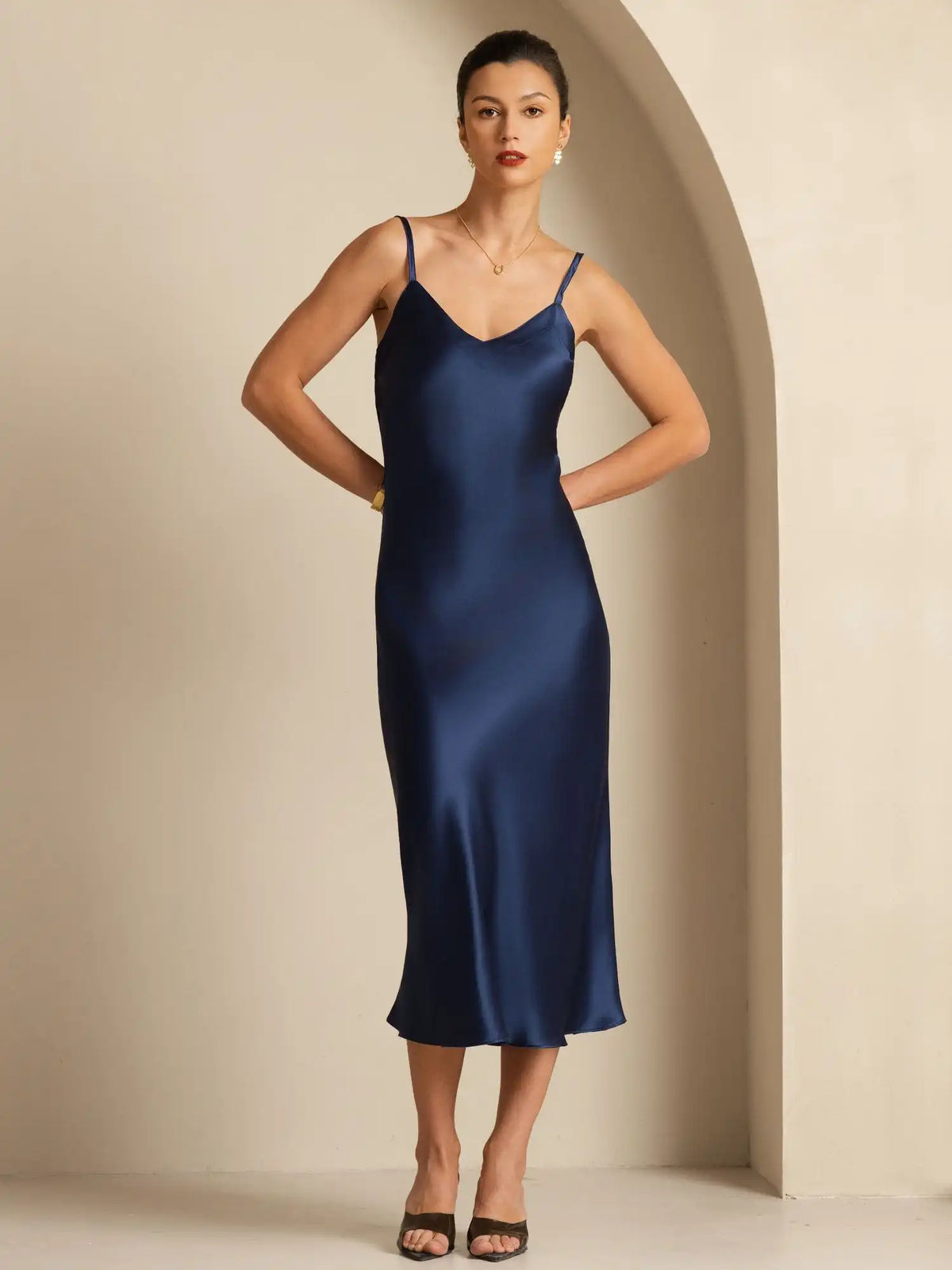 Pure Silk  V Neck Backless Spaghetti Strap Long Dress
