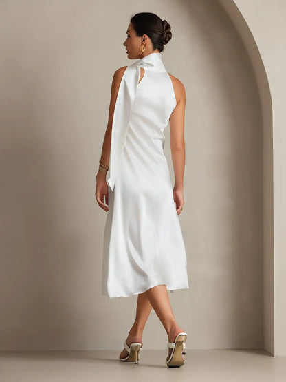 Clearance - 19Momme Silk Sleeveless Tie Neck Midi Dress