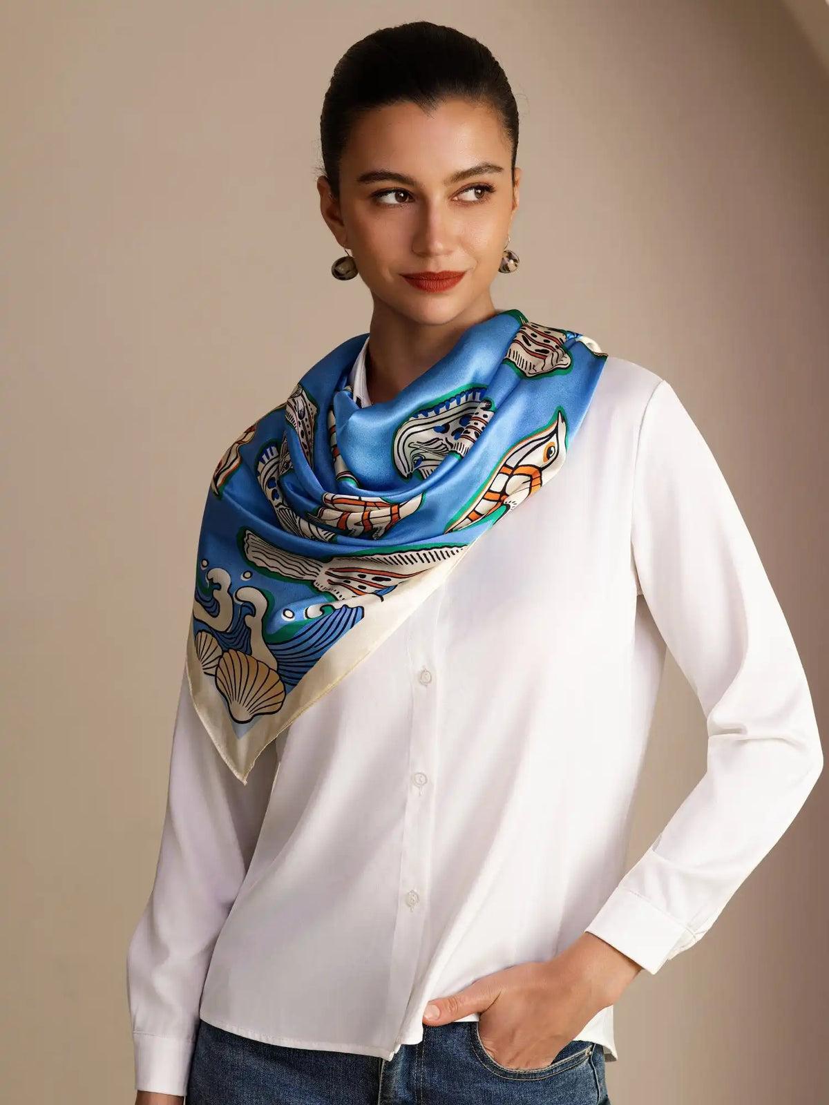 100% Mulberry Silk Fish Pattern Scarf - Size 90x90cm