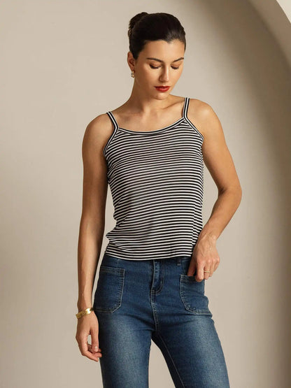 100% Mulberry Silk Spaghetti Strap Square Neck Stripe Camisole Top