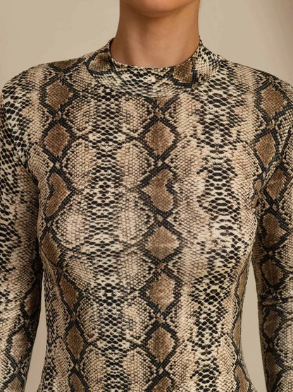 100% Mulberry Silk Wild Animal Print Women's Long Sleeve Mock Neck Top