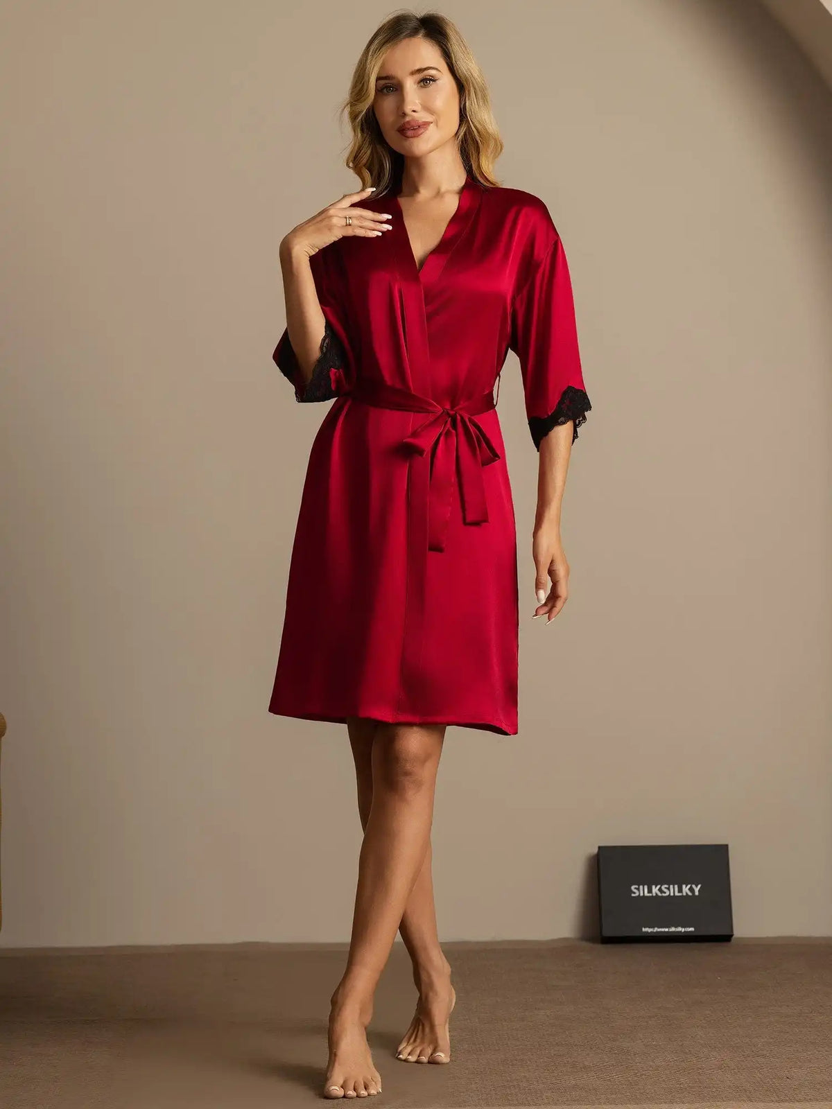 100% Mulberry Silk Basic Women's Robe with Lace Design