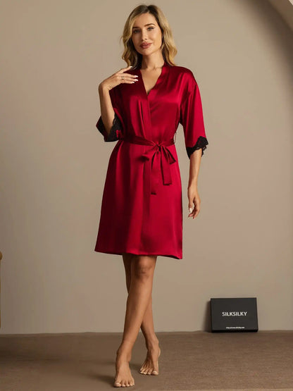 100% Mulberry Silk Basic Women's Robe with Lace Design