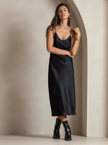 100% Mulberry Silk Spaghetti Strap V Neck Midi Dress