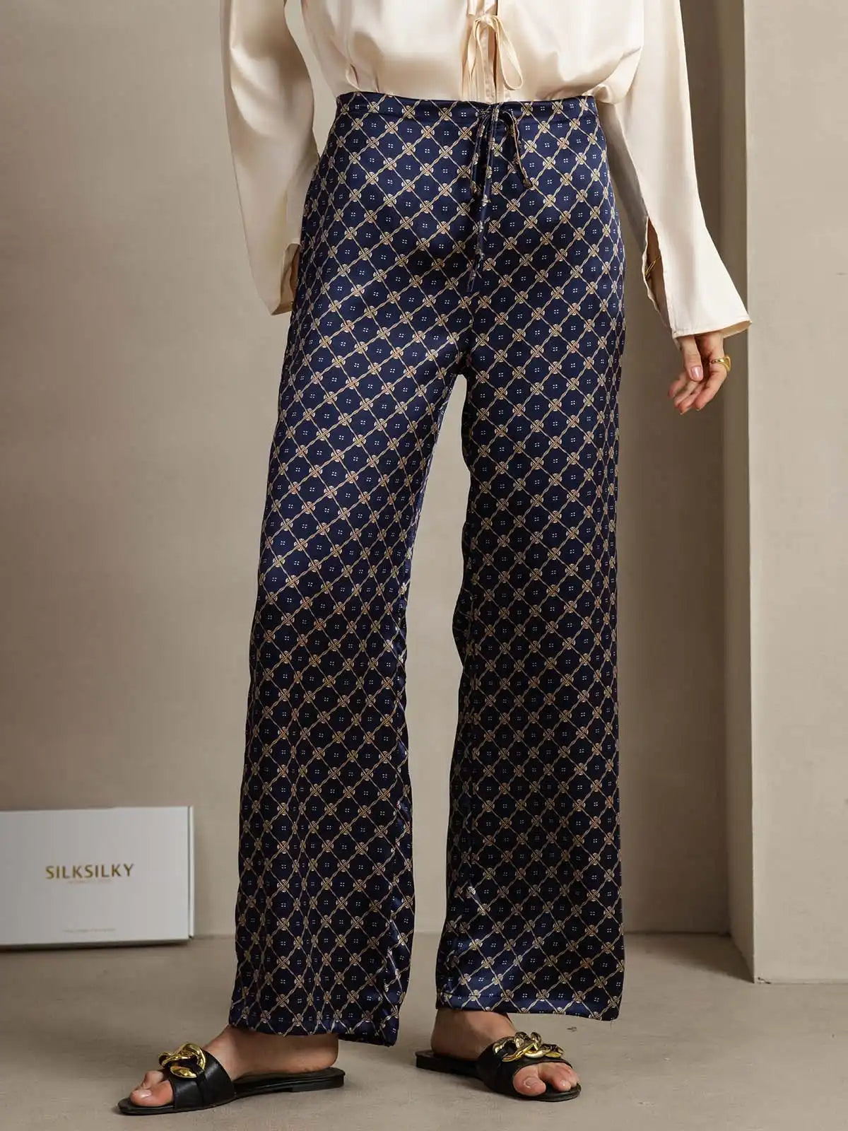 19Momme Silk Chain Print Wide Leg Women's Pants With Side Pockets Design
