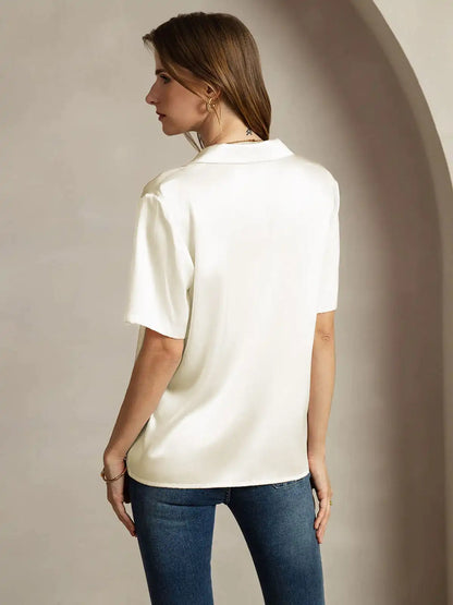 19Momme Silk Short Sleeve Notched Lapel Women's Shirt with Button Up Design