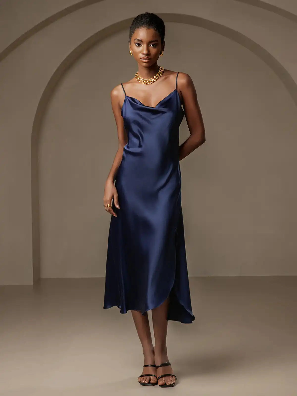 100% Mulberry Silk Spaghetti Strap Cowl Neck Bias Midi Dress with Split Design