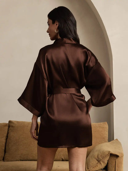 100% Mulberry Silk 3/4 Sleeve Short Women's Kimono Robe with Wrap Design