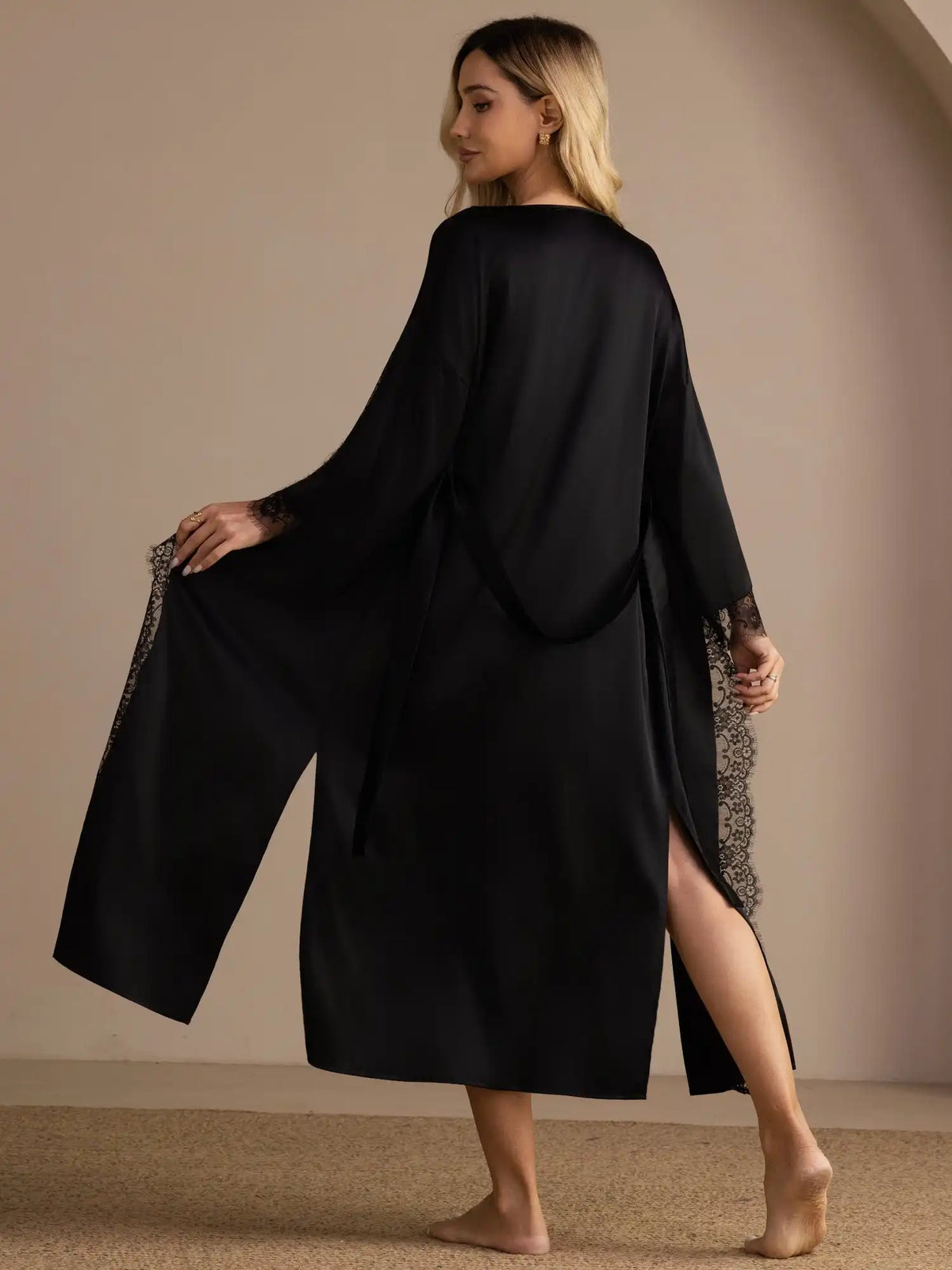 100% Mulberry Silk Women's Kimono Sleeves  Lace Trim Midi Robe for Bridal