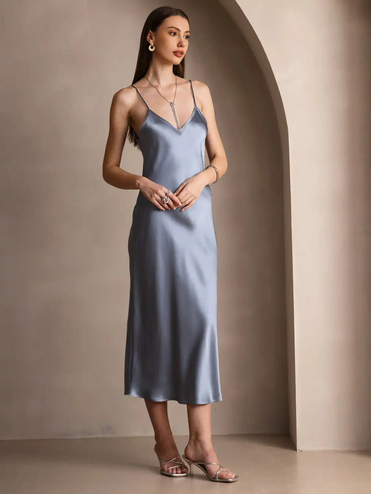 100% Mulberry Silk Spaghetti Strap Midi Long Dress