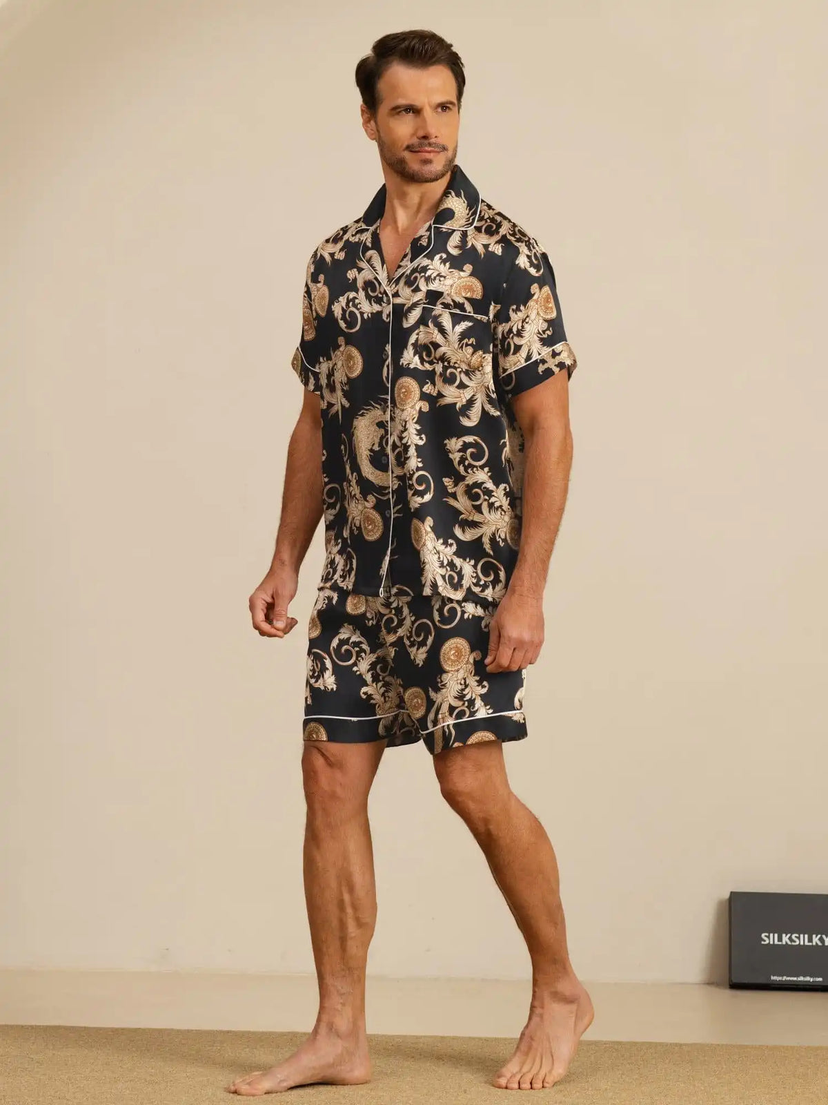 100% Mulberry Silk Men's Dragon Print  Short Sleeve Lapel Collar Pajamas Set