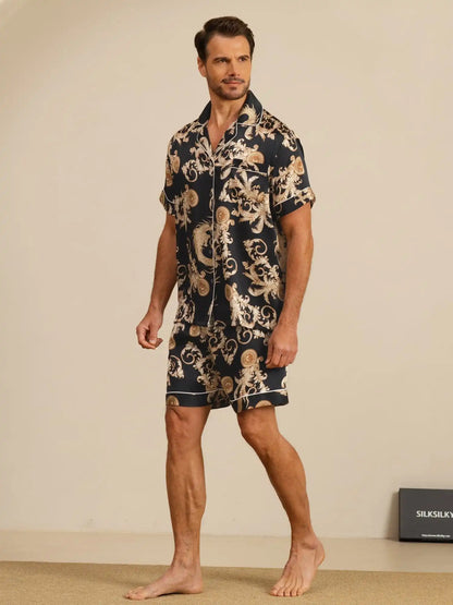 100% Mulberry Silk Men's Dragon Print  Short Sleeve Lapel Collar Pajamas Set