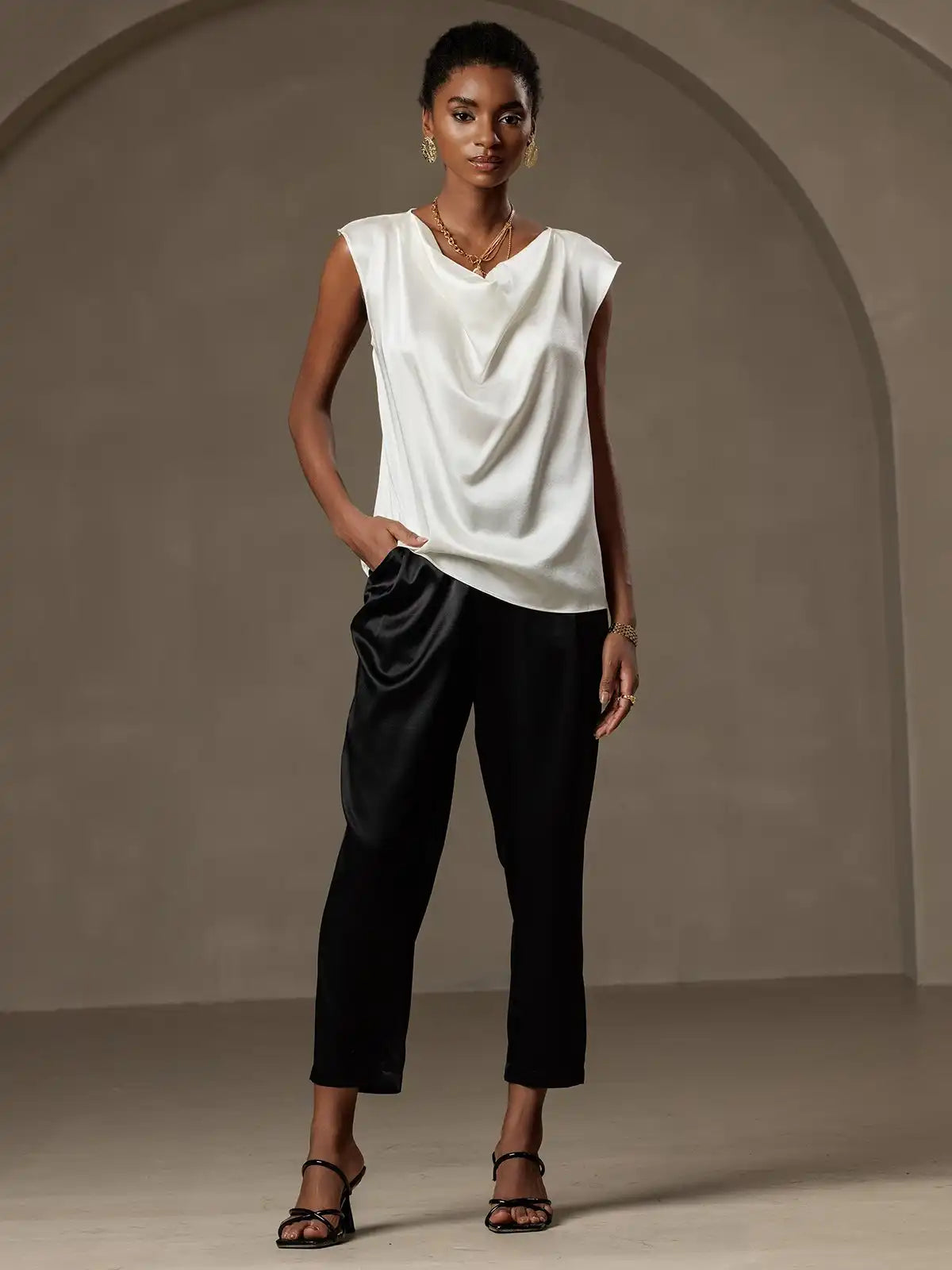 19Momme Silk Cap Sleeve Cowl Neck Women's Top