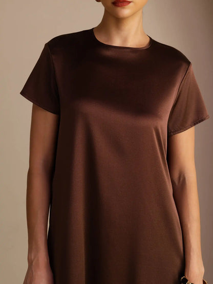 19Momme Silk Short Sleeve Crew Neck  Midi Dress With Side Pockets