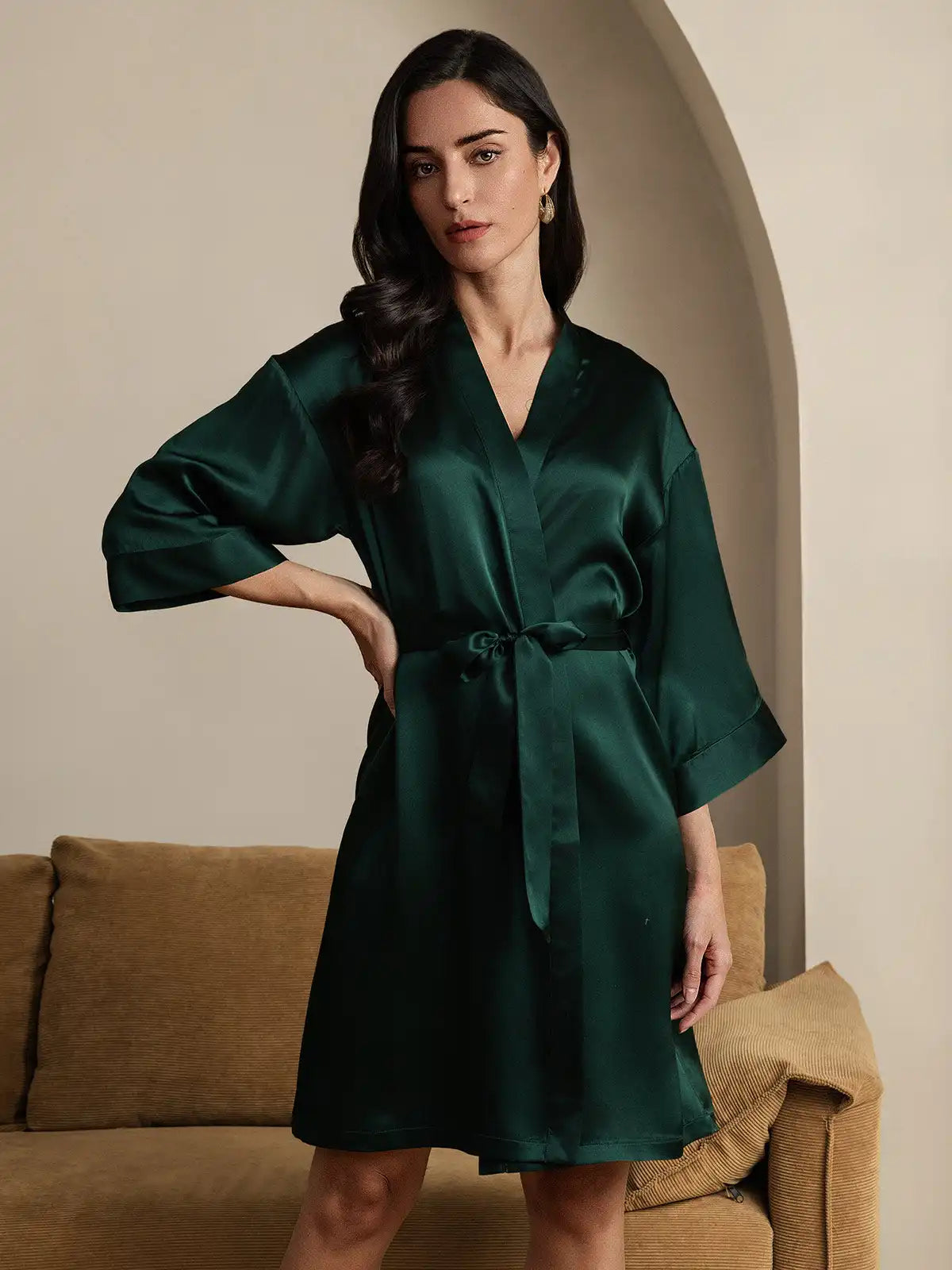 100% Mulberry Silk 3/4 Sleeve Women's Kimono Wrap Robe