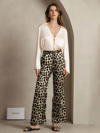 Clearance - 19Momme Silk Leopard Print Straight Leg Women's Pants With Side Pockets Design