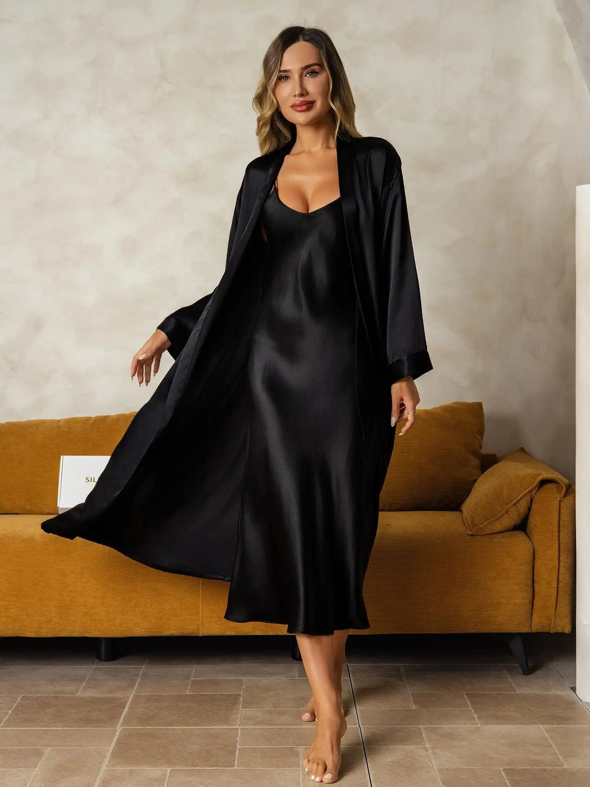 100% Mulberry Silk V-Neck Midi Nightgown & Robe Set 2Pcs
