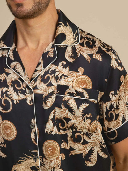 100% Mulberry Silk Men's Dragon Print  Short Sleeve Lapel Collar Pajamas Set