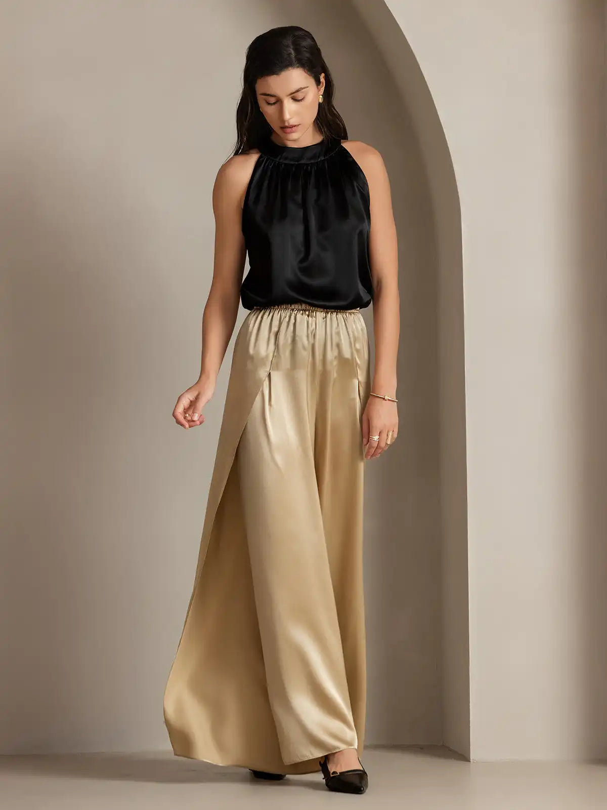 19Momme Silk Fashionable Flowy High-Slit Palazzo Pants