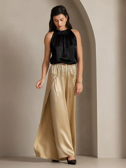 19Momme Silk Fashionable Flowy High-Slit Palazzo Pants