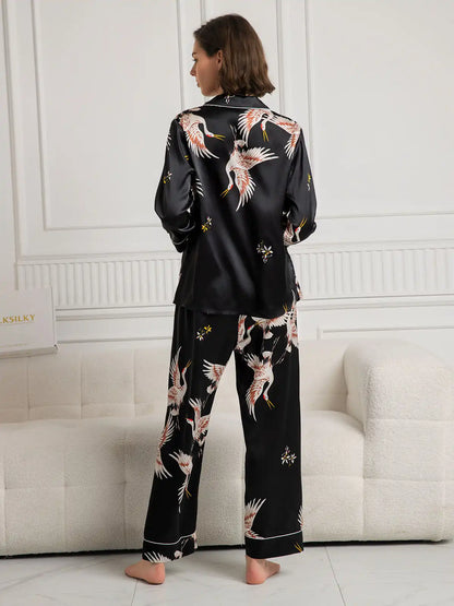 19Momme 100% Mulberry Silk Crane Print Women's Long Sleeve Notch Collar Pajamas Set