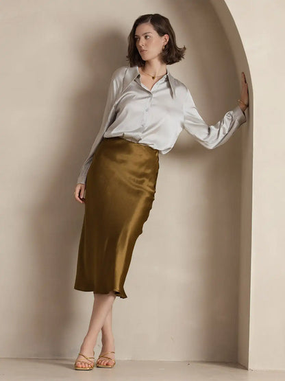100% Mulberry Silk Stretch Long Straight Skirt