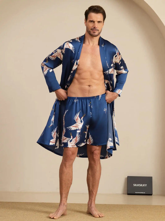 19Momme Pure Silk Men’s Knee Length Crane Printed Robe & Sleep Shorts Set