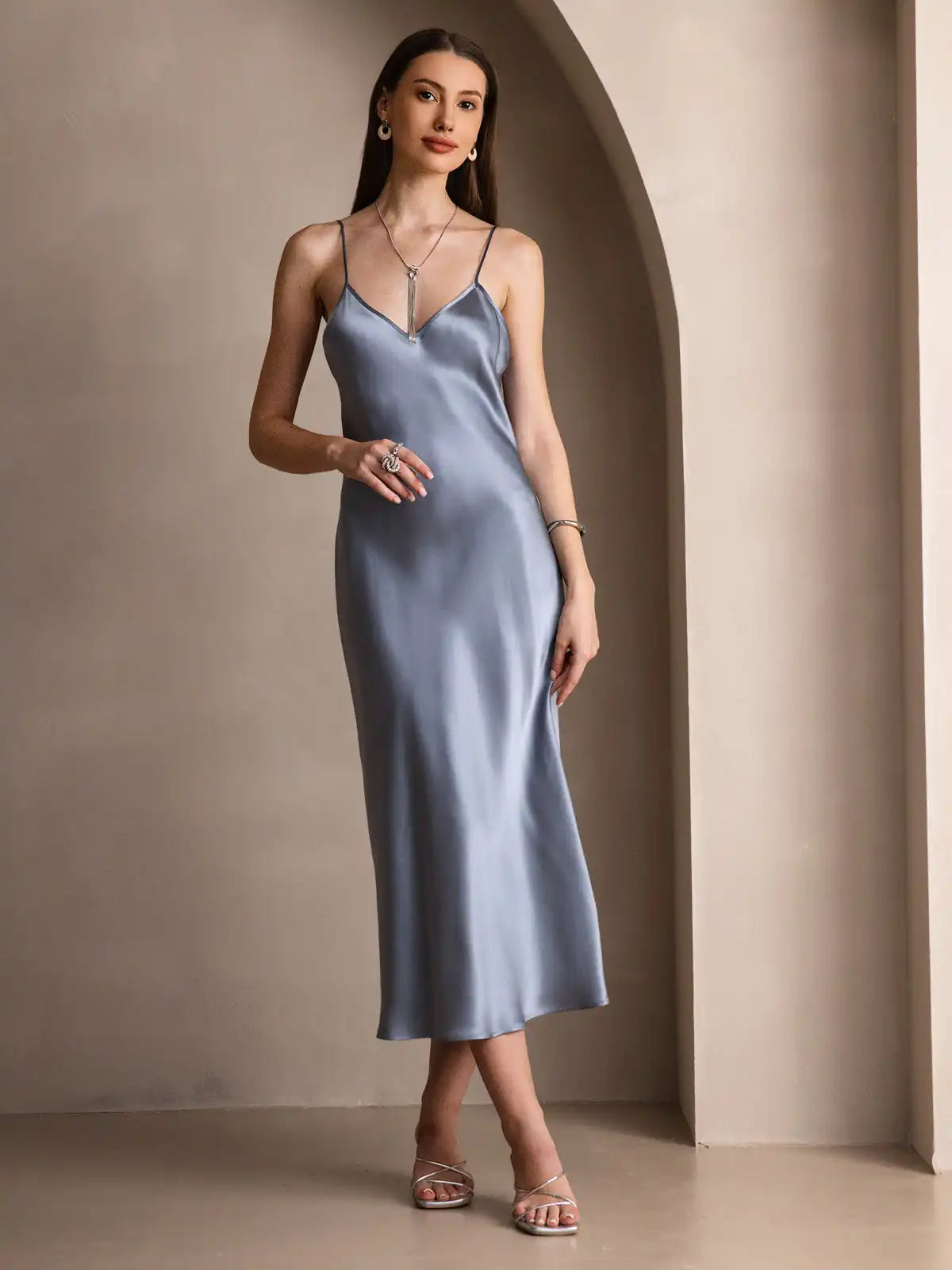 100% Mulberry Silk Spaghetti Strap V Neck Midi Dress