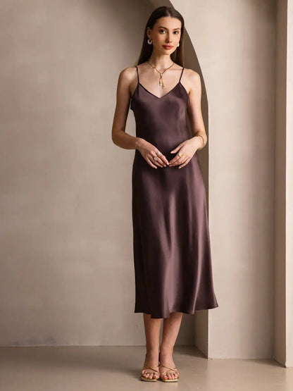 100% Mulberry Silk Spaghetti Strap V Neck Midi Dress