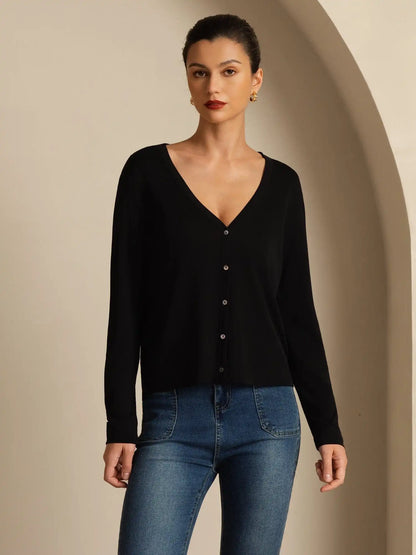 100% Mulberry Silk Women's V-Neck Long Sleeve Basic Cardigan