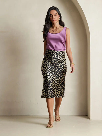 19Momme 100% Mulberry Silk Leopard Print Stretch Straight Long Skirt