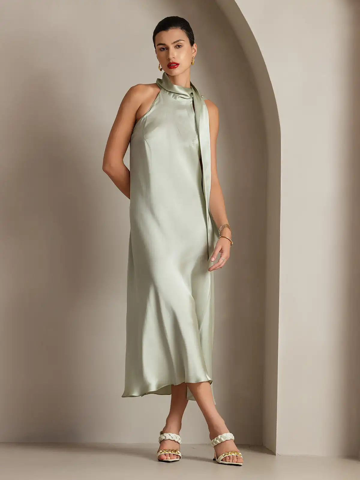 19Momme Silk Sleeveless Tie Neck Midi Dress