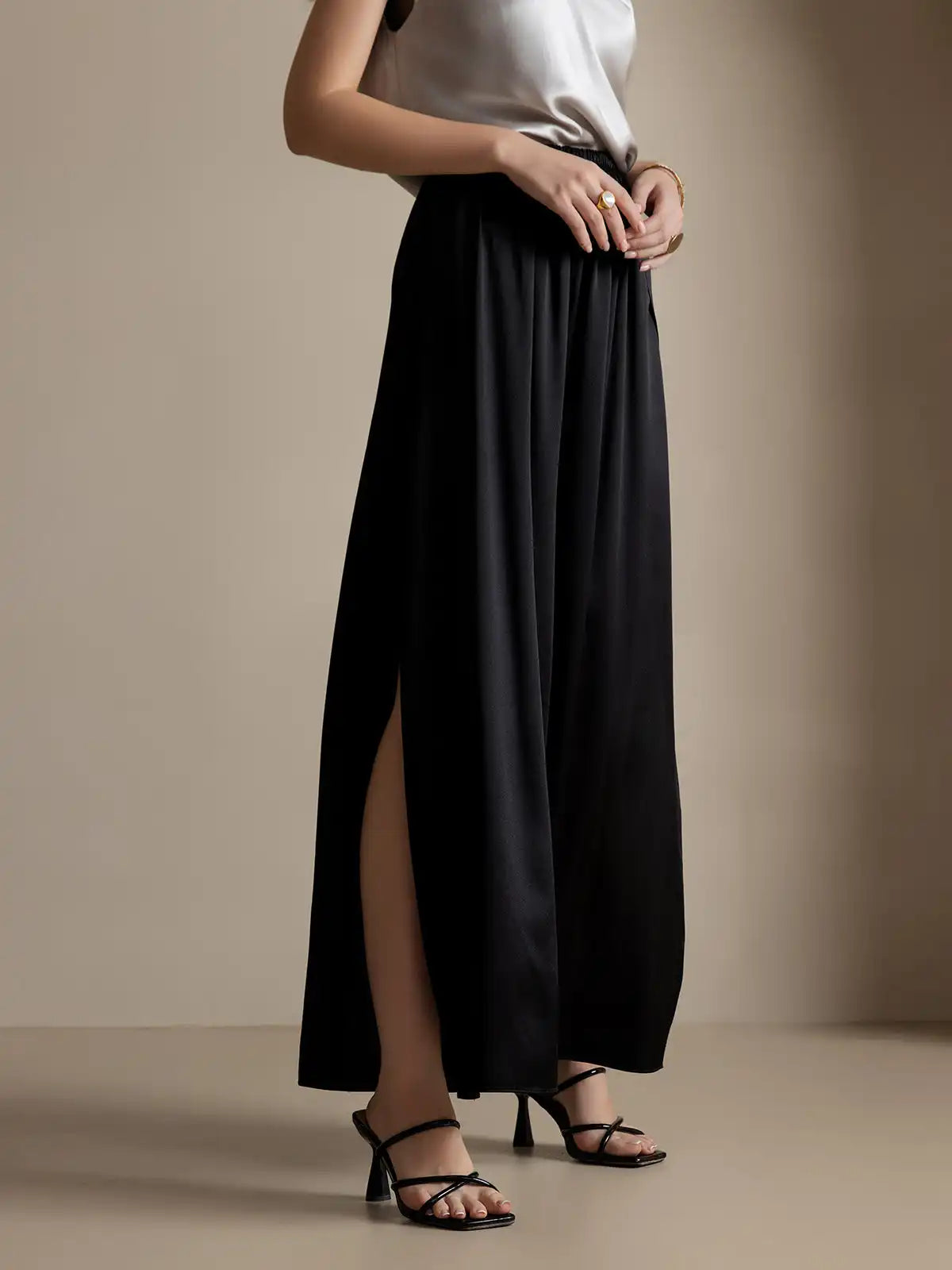 19Momme Silk Fashionable Flowy High-Slit Palazzo Pants