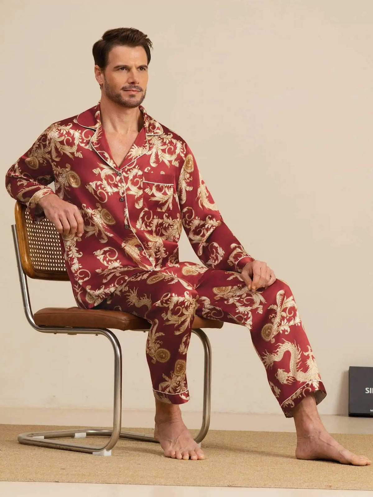 100% Mulberry Silk Men's Dragon Print  Long Sleeve Notch Collar Pajamas Set