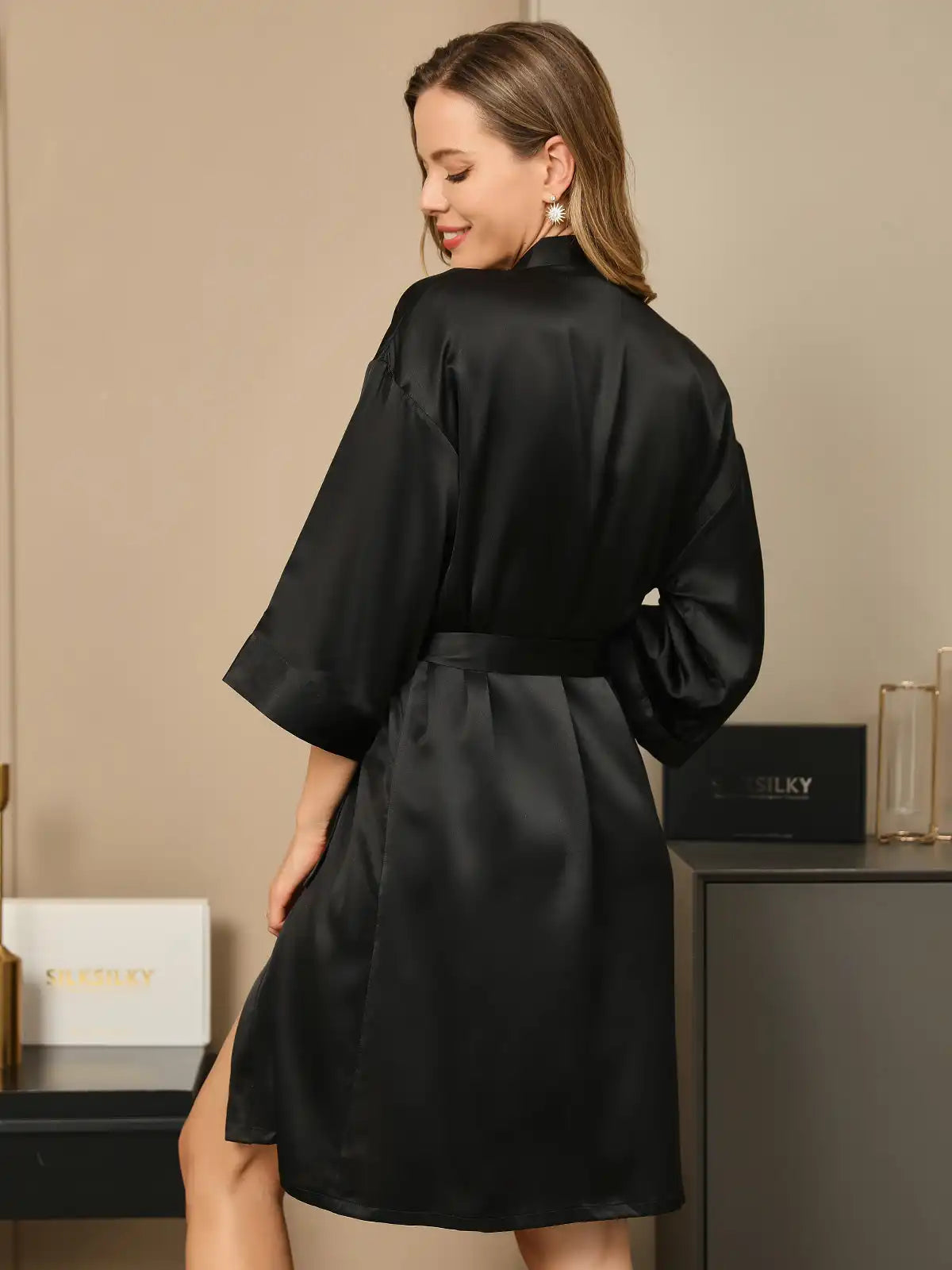 100% Mulberry Silk 3/4 Sleeve Women's Kimono Wrap Robe