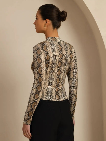 100% Mulberry Silk Wild Animal Print Women's Long Sleeve Mock Neck Top