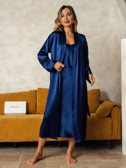 100% Mulberry Silk V-Neck Midi Nightgown & Robe Set 2Pcs