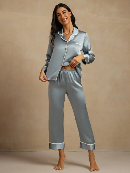 100% Mulberry Silk Classic Long Sleeve Pajama Set with Contrast Piping
