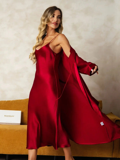 100% Mulberry Silk V-Neck Midi Nightgown & Robe Set 2Pcs