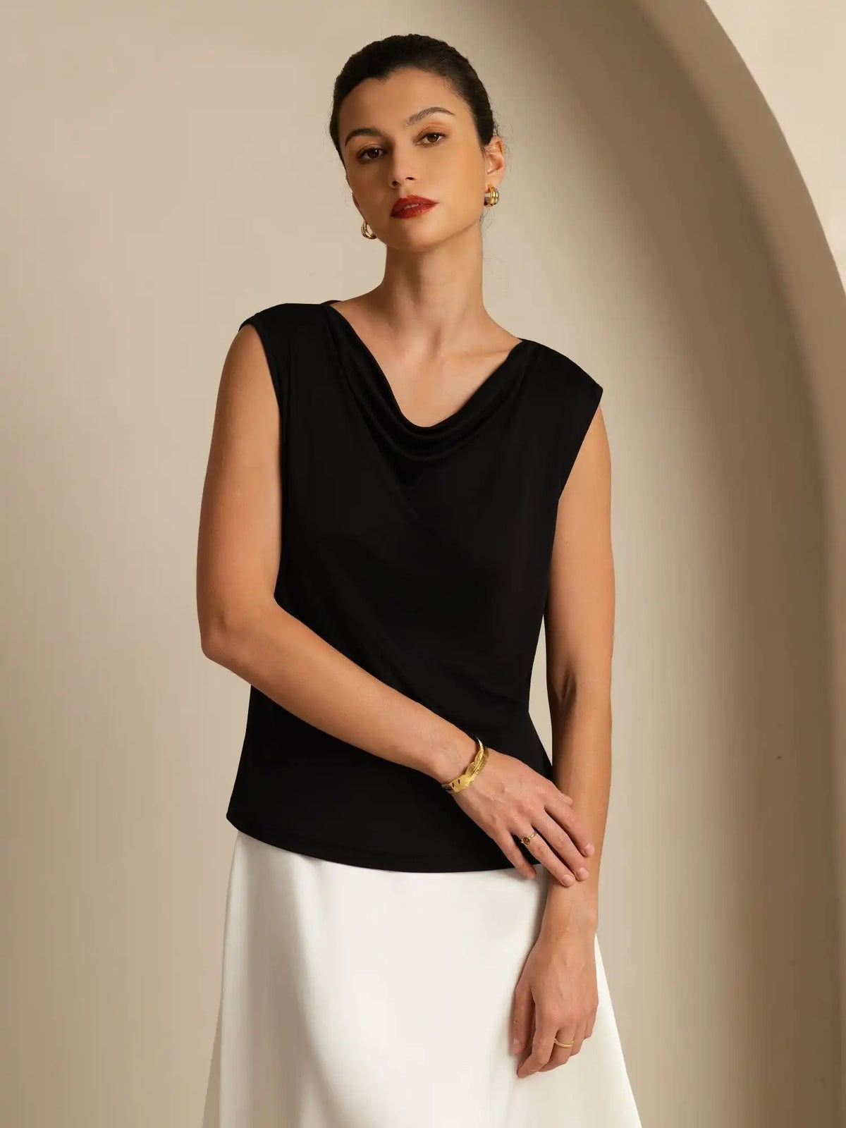 Clearance - Pure Silk  Women's Sleeveless Cowl Neck Basic Casual Top