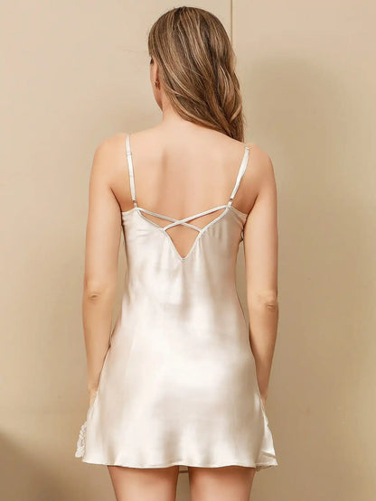 100% Mulberry Silk Spaghetti Strap Mini Nightgown with Lace Design