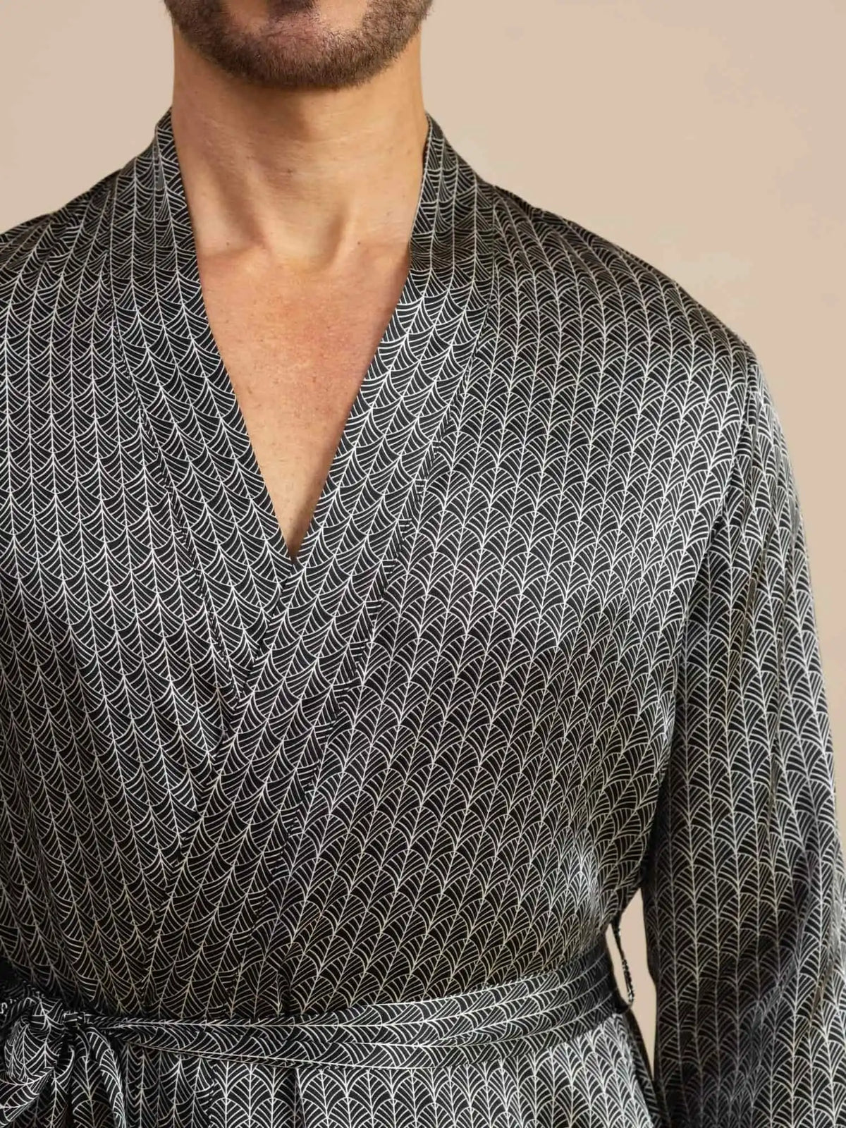 100% Mulberry Silk Men’s Knee Length Ginkgo Printed Robe With Belted Design
