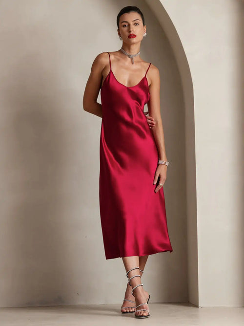 100% Mulberry Silk Spaghetti Strap V Neck Midi Dress