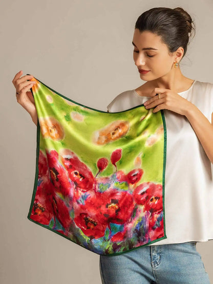 100% Mulberry Silk Flower Impression Square Scarf - Size 53x53cm